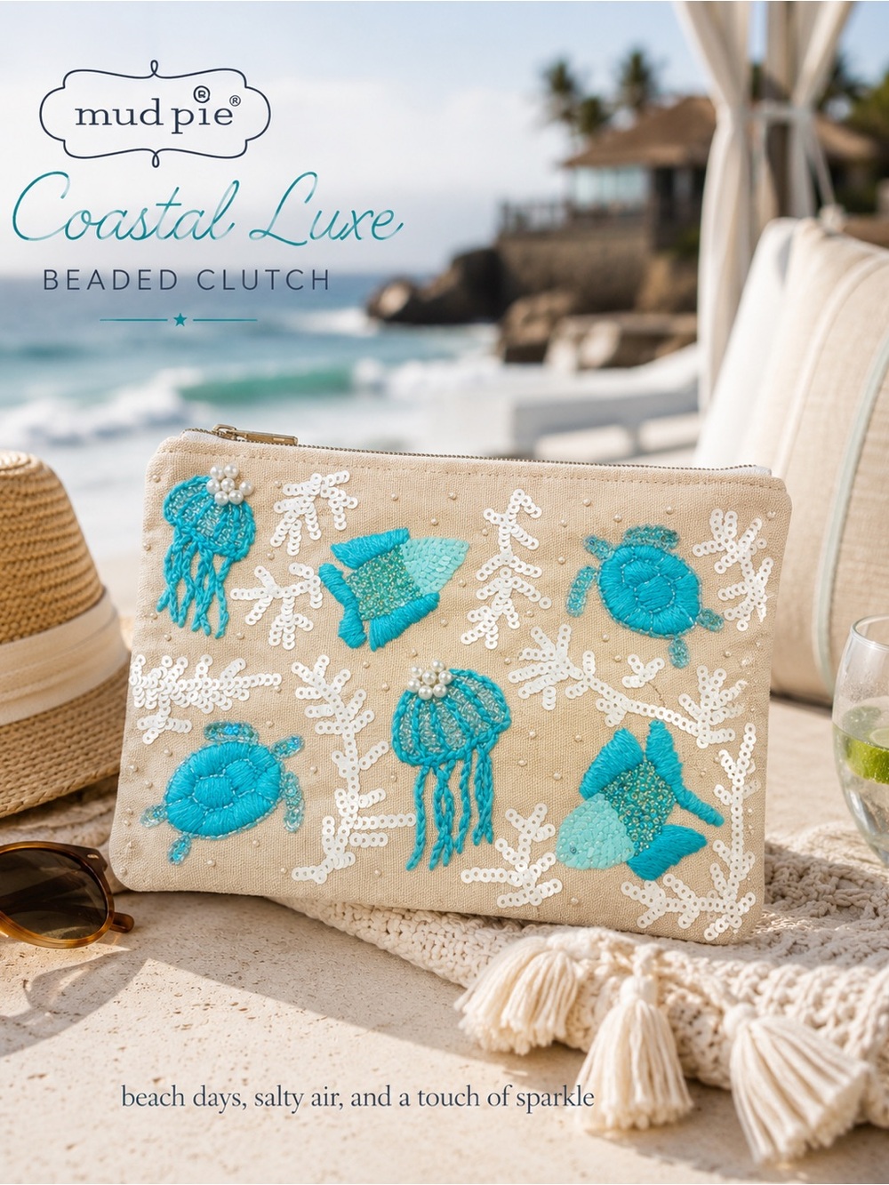 Mud Pie Coastal Luxe Beaded Clutch NWT